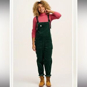 Lucy & Yak Dark Green Corduroy Dungarees with Pink Top
